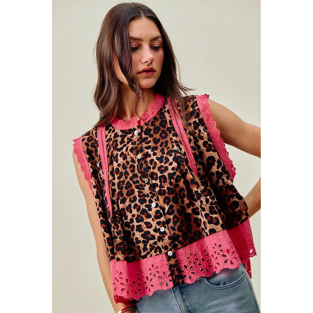 SO ME Leopard Button Up Pleated Sleeveless Blouse - Picture 5 of 7